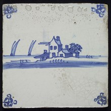 Scene tile, landscape tile with house, blue decor on white ground, corner fill spider, wall tile tile sculpture ceramic