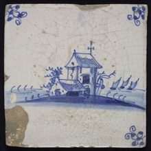 Scene tile, landscape tile with house or chapel, blue decor on white ground, corner fill spider, wall tile tile sculpture