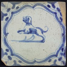 Animal tile with dog in braces, blue decor on white ground, angle filling voluten, wall tile tile sculpture ceramic earthenware