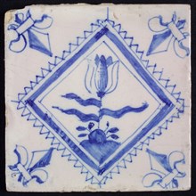 Flower tile with tulip in serrated square, blue decor on white ground, corner filling lily, wall tile tile sculpture ceramic