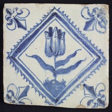 Flower tile with tulip in serrated square, blue decor on white ground, corner filling lily, wall tile tile sculpture ceramic
