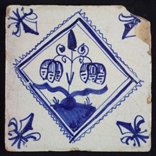 Flower tiling with three-tier in serrated square, blue decor on white ground, corner filling lily, wall tile tile sculpture