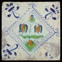 Flower Tile with three-tier in serrated square, polychrome decor on white ground, corner filling lily, wall tile tile sculpture