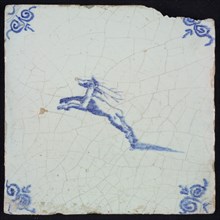 Animal tile with jumping deer, blue decor on white ground, corner filler ox head, wall tile tile sculpture ceramic earthenware