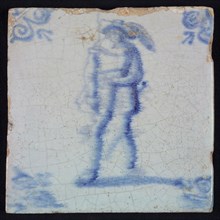 Figure tile with soldier, blue decor on white ground, corner filler ox head, wall tile tile sculpture ceramic earthenware glaze