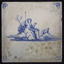 Scene tile with shepherdess, blue decor on white ground, corner fill spider, wall tile tile sculpture ceramic pottery glaze tin