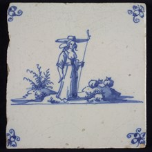 Scene tile with shepherdess, blue decor on white ground, corner fill spider, wall tile tile sculpture ceramic earthenware glaze