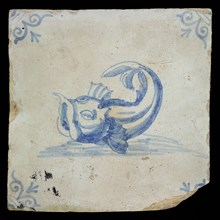 IB, Animal tile with fish, blue decor on white ground, corner filler ox head, marked, wall tile tile image ceramics pottery