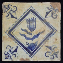 PI, Flower tile with tulip in serrated square, blue decor on white ground, corner filling lily, marked, wall tile tile sculpture