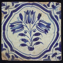 BC, Flower Tile with three-tier in braces, blue decor on white ground, corner filling voluut, marked, wall tile tile sculpture