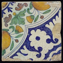 GG, Ornament tile, orange apples in quarter quadruple, polychrome decor on white background, marked, wall tile tile sculpture