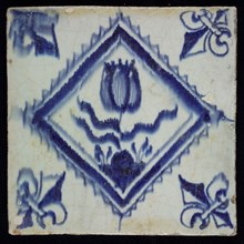 ME, Flower tile, tulip in serrated square, blue decor on white ground, corner filling lily, marked, wall tile tile sculpture