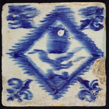 SB, Flower tile, tulip in serrated square, blue decor on white ground, corner filling lily, marked, wall tile tile sculpture