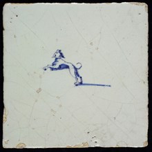 Animal tile, jumping dog, blue decor on white ground, without corner filling, marked, wall tile tile sculpture ceramic