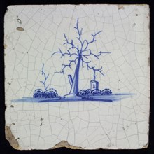 PW, Scene tile, landscape with leafless tree, blue decor on white ground, without corner filling, marked, wall tile