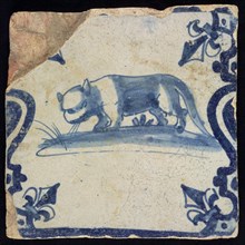 A, Animal tile, cat, walking to the left, blue decor on white ground, baluster with French lilies, marked, wall tile