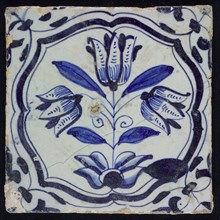 IB, Flower Tile with three-tier, blue decor on white ground, accolade frame and volutes, marked, wall tile tile material ceramic