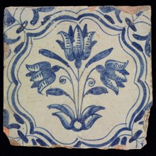 AG, Flower tile with three-tier, blue decor on white ground, accolade frame and volutes, marked, wall tile tile sculpture