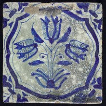 BB, Flower Tile with three-tier, blue decor on white ground, accolade frame and volutes, marked, wall tile tile sculpture