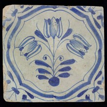 Flower Tile with three-tier, blue decor on white ground, accolade frame and volutes, marked, wall tile tile sculpture ceramic