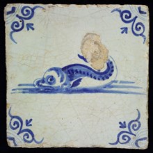 PA, Animal tile, fish on water, blue decor on white ground, corner filler ox head, marked, wall tile tile material ceramic