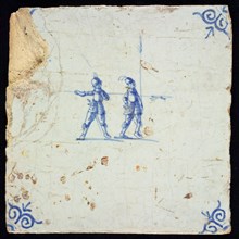 AA, Figure tile, two lancers, soldiers, blue decor on white ground, corner fill: ox head, marked, wall tile tile sculpture