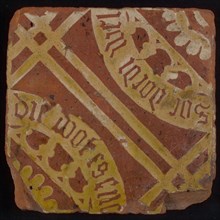 Scripture tile, floor tile, brown and white, diagonal two white lines, in each half quarter circle, gothic leaves, wide white
