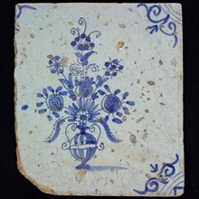 TP (?), Flower tile, flower pot, blue decor on white ground, corner filling: ox head, marked, wall tile tile sculpture ceramic
