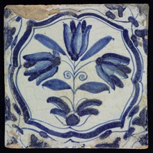 Flower Tile, three-tier in brace frame, blue decor on white ground, corner fill: voluten, marked, wall tile tile sculpture