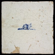 Scene tile with beacon and staff house, blue decor on white ground, no corner fill, marked, wall tile tile sculpture ceramic