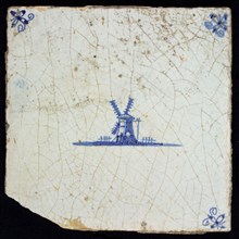 HF (?), Scene tile with windmill, blue decor on white ground, corner fill: spider, marked, wall tile tile sculpture ceramic