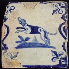 Animal tile with jumping dog, blue decor on white ground, corner filling: lily and baluster frame, wall tile tile sculpture