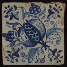 Ornament tile, two-colored tile, blue on white background, lily corner design, centrally diagonally placed pomegranate with