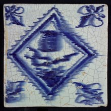 Flower tile with tulip in serrated square, blue decor on white ground, corner filling: lily, drawing on back, wall tile