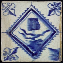 Flower tile with tulip in serrated square, blue decor on white ground, corner filling: lily, drawing on back, wall tile