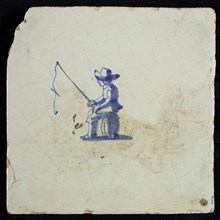 Figure tile with angler, fisherman on barrel, blue decor on white ground, no corner padding, wall tile tile sculpture ceramic