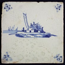 Scene tile with staff and staff house, blue decor on white ground, corner fill: spider, wall tile tile sculpture ceramic