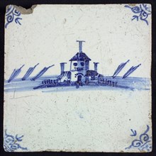 Scene tile with house, blue decor on white ground, corner fill: ox head, wall tile tile sculpture ceramic earthenware glaze tin