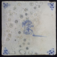 Figure tile with sitting angel or putto, blue decor on white ground, corner filling: spider, wall tile tile sculpture ceramic
