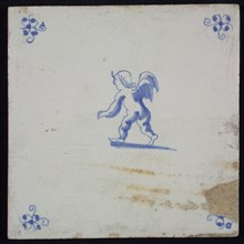Figure tile with running angel or putto, blue decor on white ground, corner filling: spider, wall tile tile sculpture ceramic