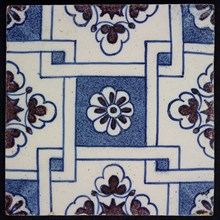 F.J. Kleyn, Ornament tile with rosette in plaited square, manganese decor on white and blue ground, wall tile tile sculpture