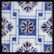 F.J. Kleyn, Ornament tile with rosette in plaited square, manganese and blue decor on white and blue ground, wall tile