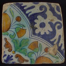 Ornament tile, quarter quadruple with orange apples, polychrome decor on white ground, wall tile tile sculpture ceramic