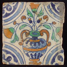 Flower tile, flower pot, polychrome decor on white ground, corner filling: quarter rosette, wall tile tile sculpture ceramic