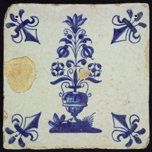 Flower Tile, large flowerpot on the ground, blue decor on white ground, corner filling: lily, wall tile tile sculpture ceramic