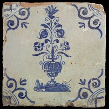 IP, Flower tile with large flowerpot, blue decor on white ground, corner filling: large ox head, wall tile tile sculpture
