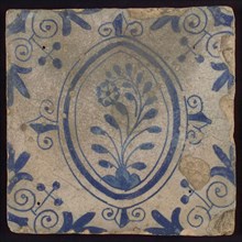 Flower tile with flower in oval frame, blue decor on white ground, corner filling: three-part, wall tile tile sculpture ceramics