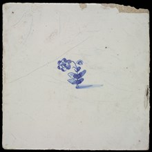 Flower tile with flowering plant, small image, blue decor on white ground, no corner filling, wall tile tile sculpture ceramic