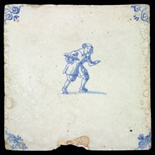 Figure tile with man with hat in hand, blue decor on white ground, corner fill: ox head, wall tile tile sculpture ceramics