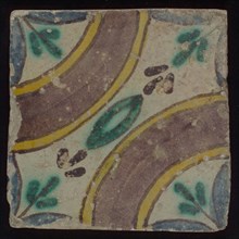 Ornament tile, multicolored floor tile in blue, green, yellow, purple on white background, around two corners large purple